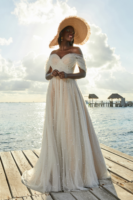 Off The Shoulder Pearl Embellished A-line Wedding Dress by Madison James - Image 1