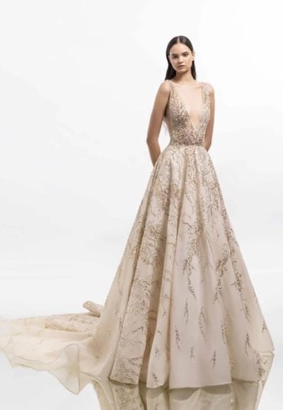 Sleeveless Gold Ball Gown Wedding Dress With Deep V-neckline by Tony Ward
