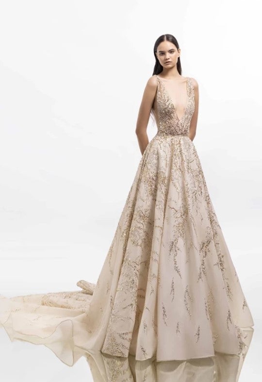 Sleeveless Gold Ball Gown Wedding Dress With Deep V-neckline by Tony Ward - Image 1