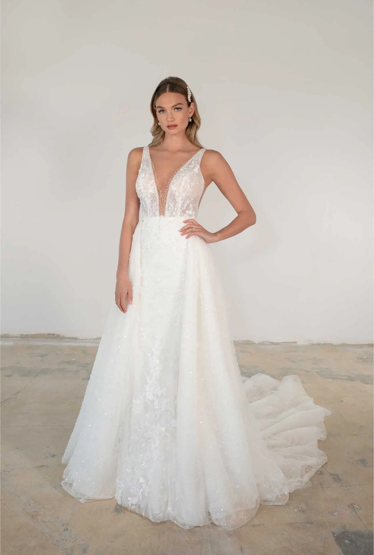 Modern Beaded Sheath Gown With Detachable Overskirt by Martina Liana Luxe