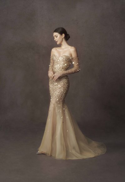Long Sleeve Embellished Mermaid Gown With Detchable Matching Train by Nicole + Felicia