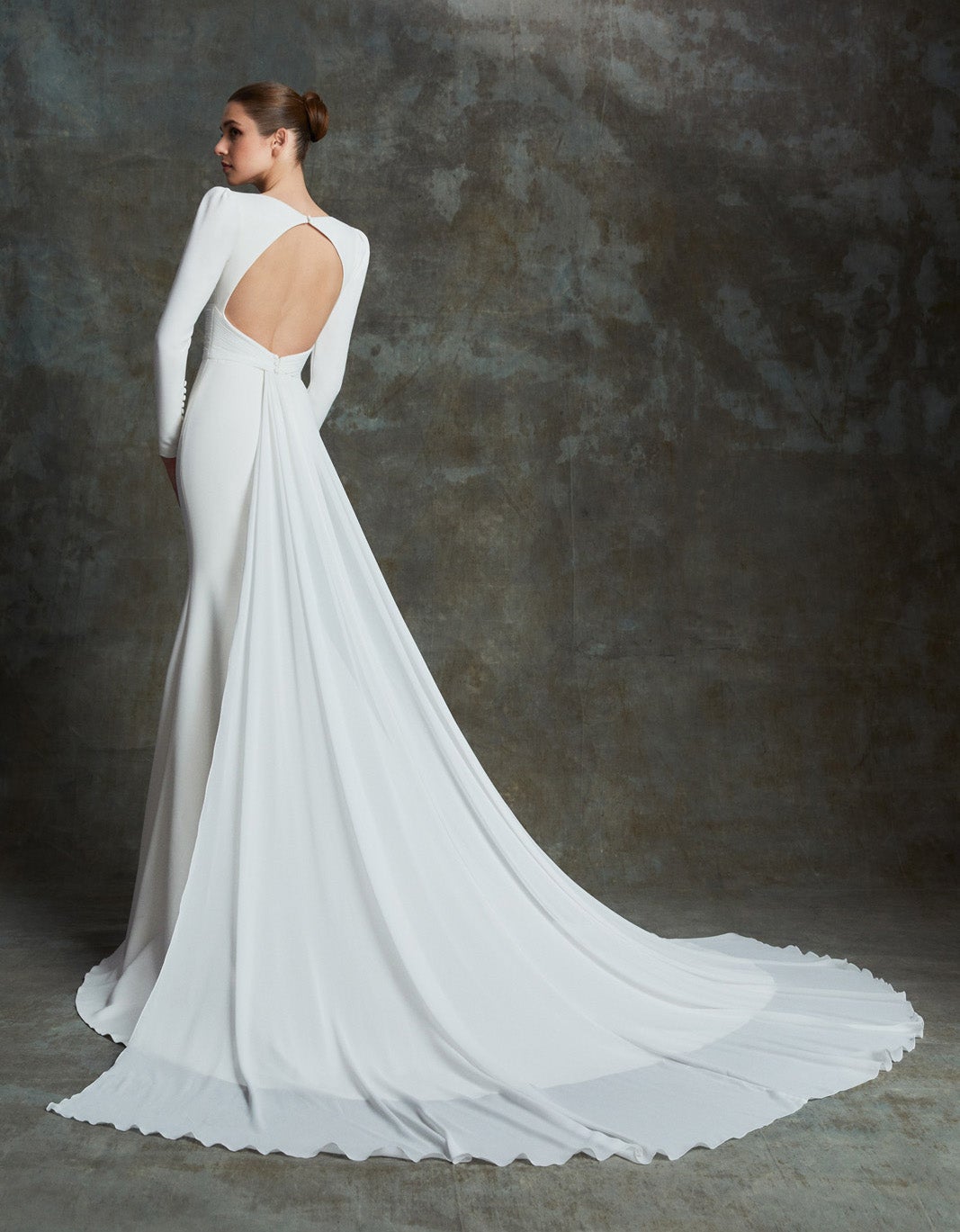 Long Sleeve Modern Gown With Button Detail by Alberto Palatchi - Image 3