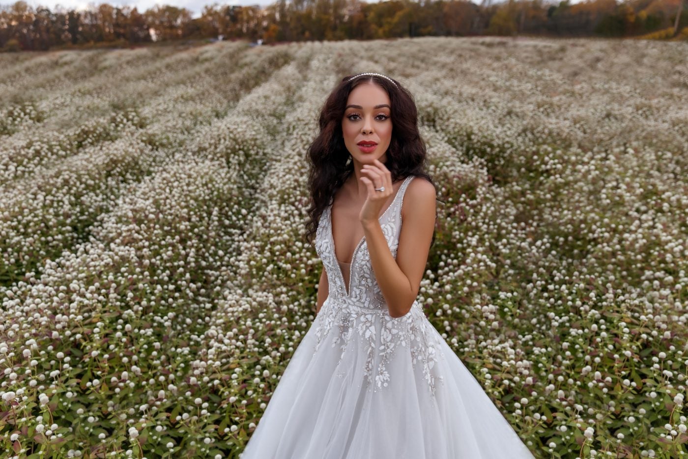 Long Sleeve Lace Deep V-neckline Fit And Flare Wedding Dress