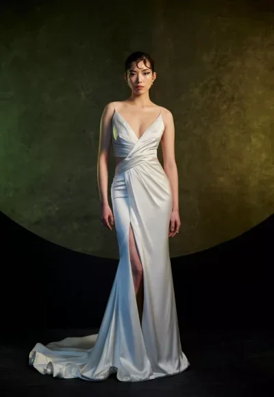 Simple V-neck Silk Gown by Theia Bridal