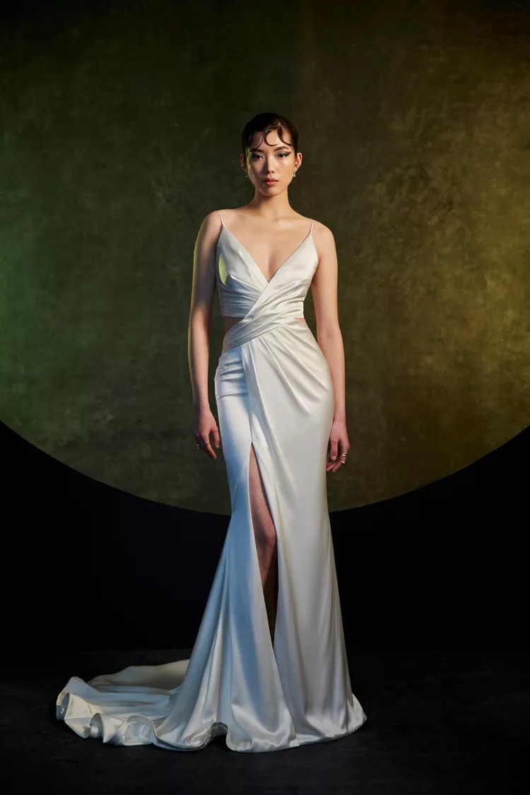 Simple V-neck Silk Gown by Theia Bridal - Image 1