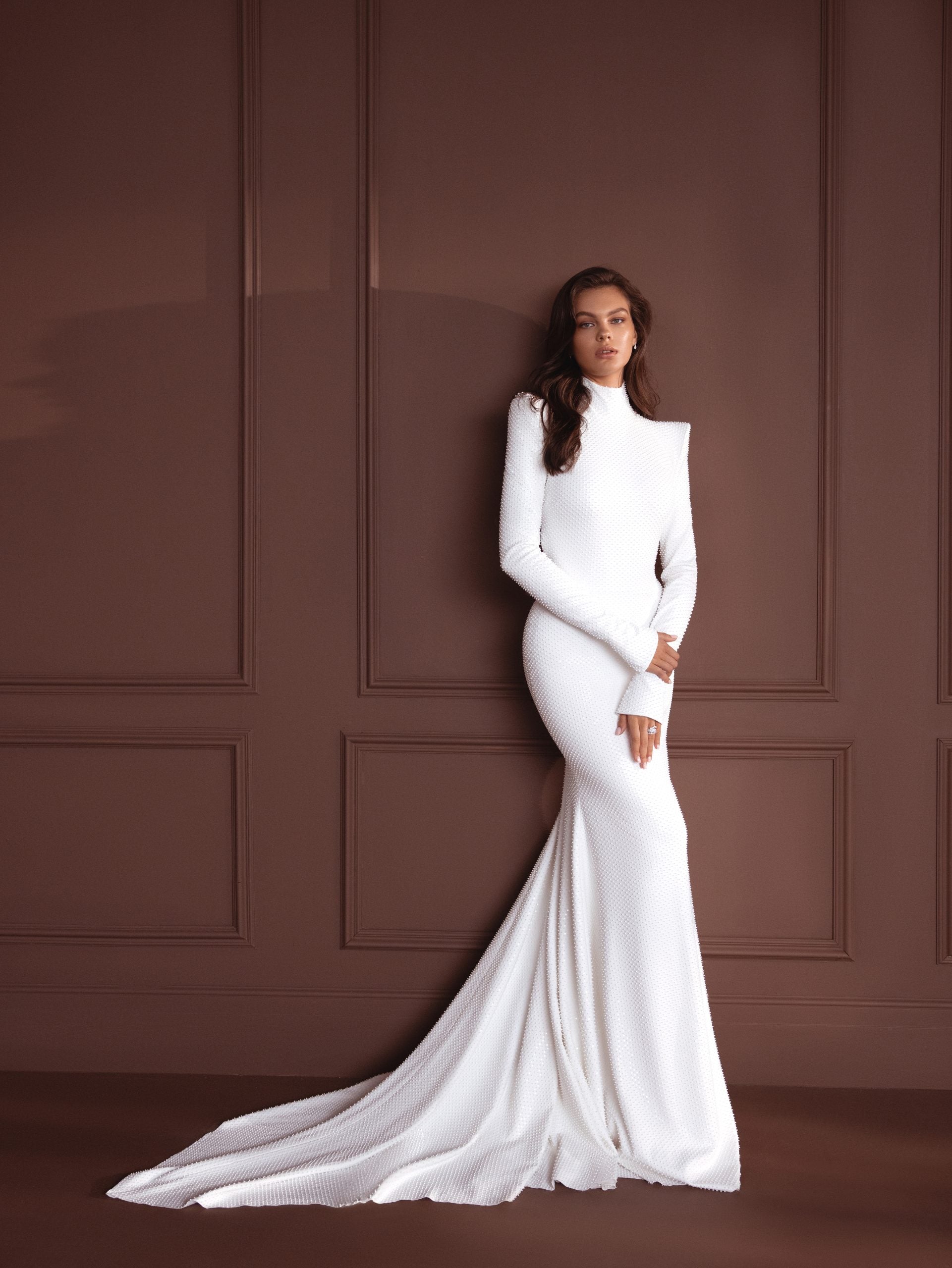 Long-sleeved mock neck fit-and-flare | Kleinfeld Bridal