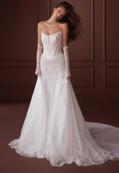 A-line Strapless Chantilly lace gown by Pnina Tornai