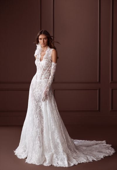 Sleeveless V-neckline Alençon lace gown by Pnina Tornai