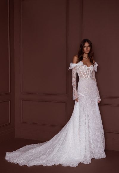 Off-the-shoulder Alençon lace gown with long sleeves by Pnina Tornai