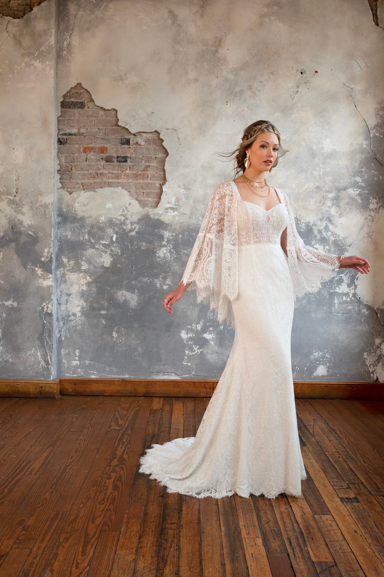 Lace Sheath Gown With Cape