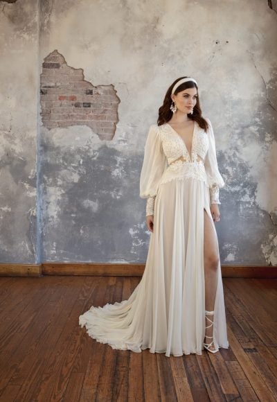 Lace And Chiffon A-Line Gown With Slit by All Who Wander