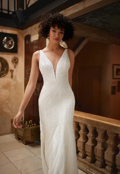 Beaded V-Neck Sheath Gown by Enaura Bridal