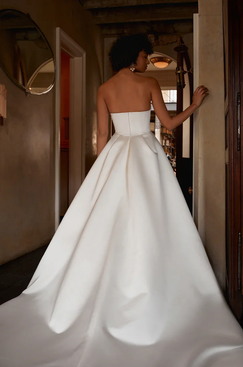 Asymmetrical Satin And Pearl A-Line Gown by Enaura Bridal - Image 2