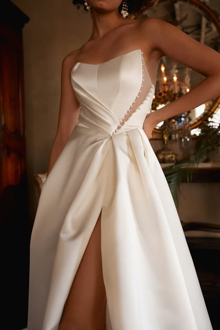 Asymmetrical Satin And Pearl A-Line Gown by Enaura Bridal - Image 3