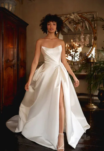 Asymmetrical Satin And Pearl A-Line Gown by Enaura Bridal