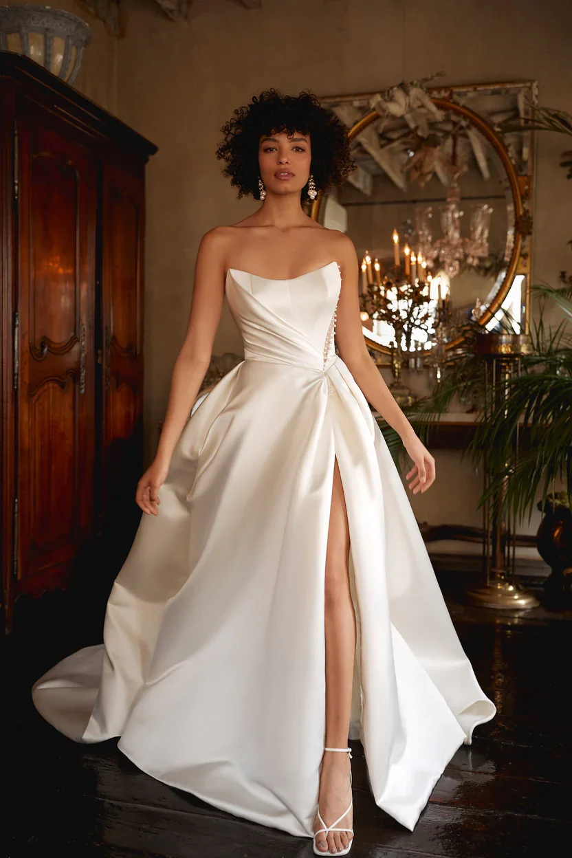 Asymmetrical Satin And Pearl A-Line Gown by Enaura Bridal - Image 1