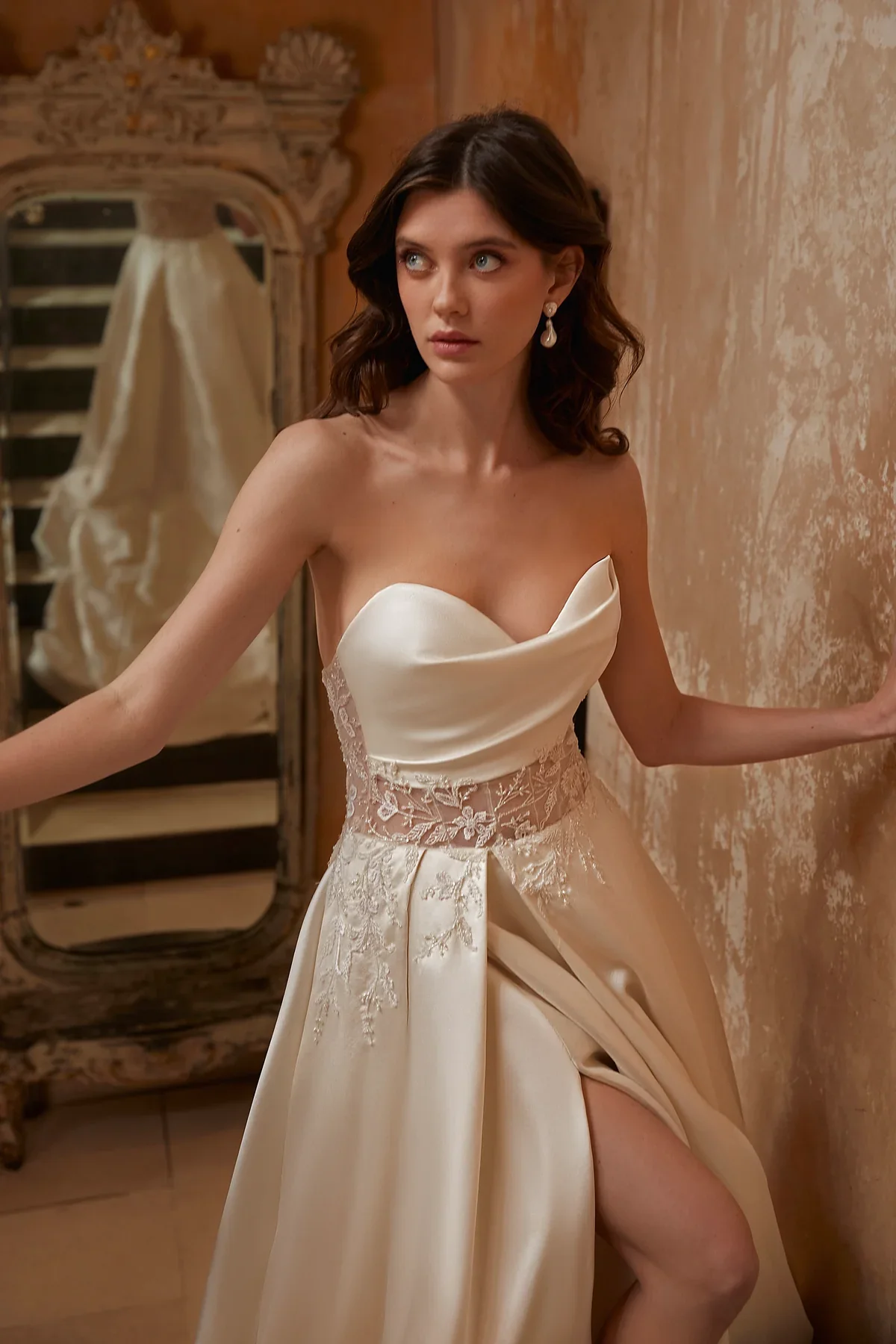 Asymmetrical Strapless Mikado Gown With Slit by Enaura Bridal - Image 1