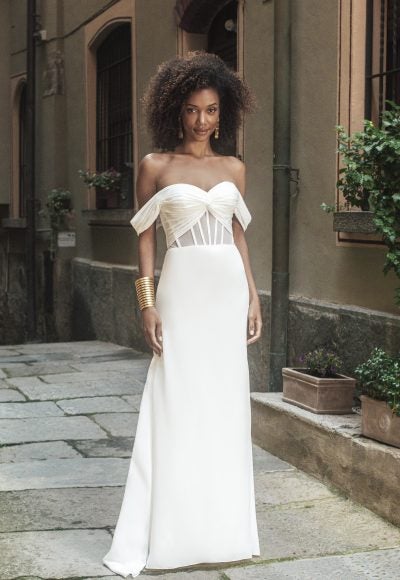 Off-the-Shoulder Crepe Gown With Sheer Corset Bodice by Madison James