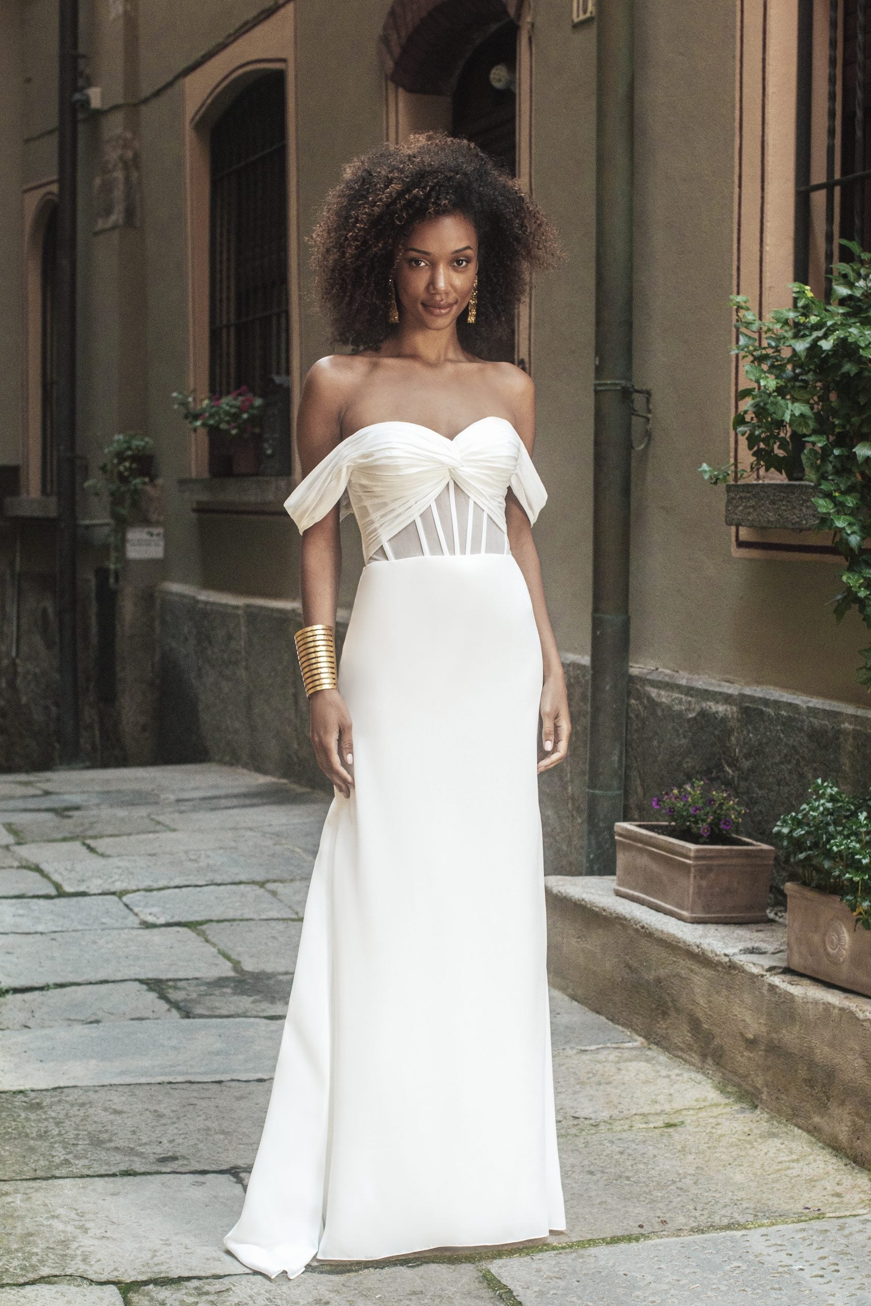 Off-the-Shoulder Crepe Gown With Sheer Corset Bodice