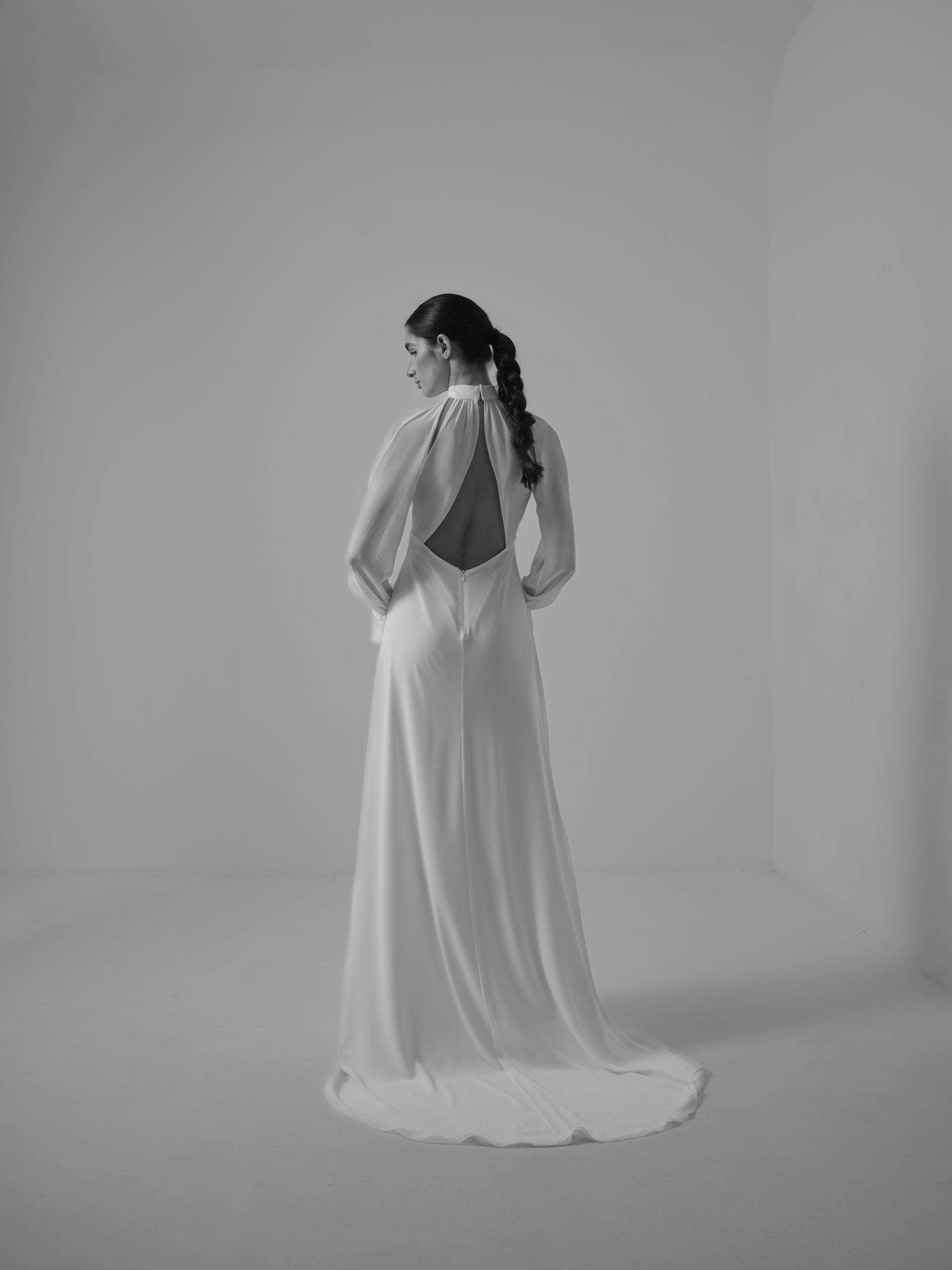 Simple Pleated Halter-Neck Sheath Gown with Detachable Sleeves by Marta Martí - Image 3
