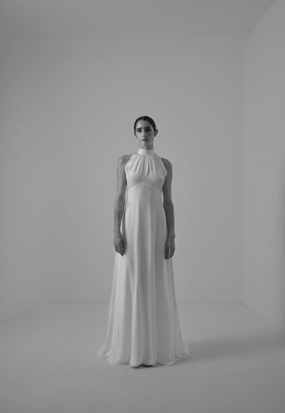 Simple Pleated Halter-Neck Sheath Gown with Detachable Sleeves by Marta Martí