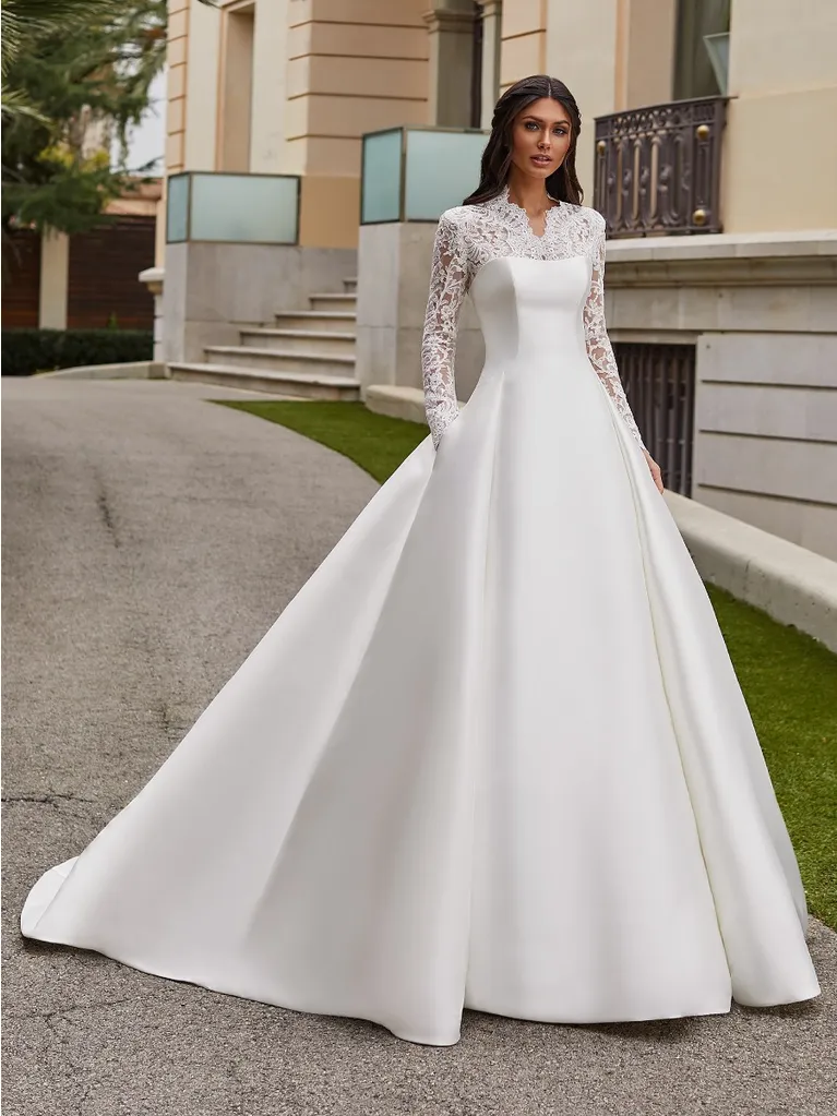 Regal And Chic A-Line Gown With Detachable Long Sleeves | Kleinfeld Bridal