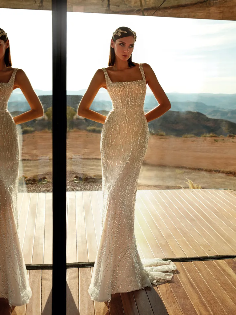 Beaded Square-Neck Sheath Gown