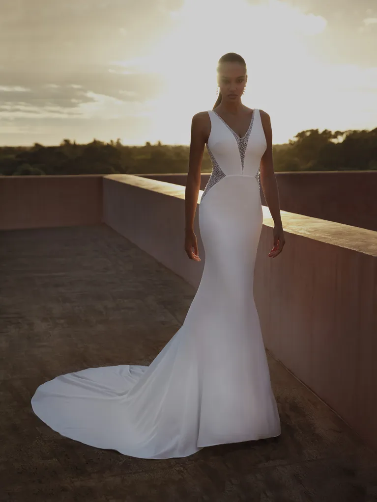 Sleek And Modern Sheath Gown With Illusion Detail by Pronovias - Image 1