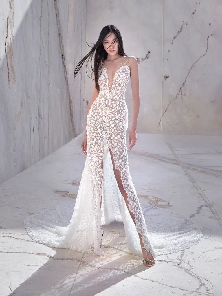 Embroidered Fit-and-Flare Gown With Slit by Pronovias - Image 1