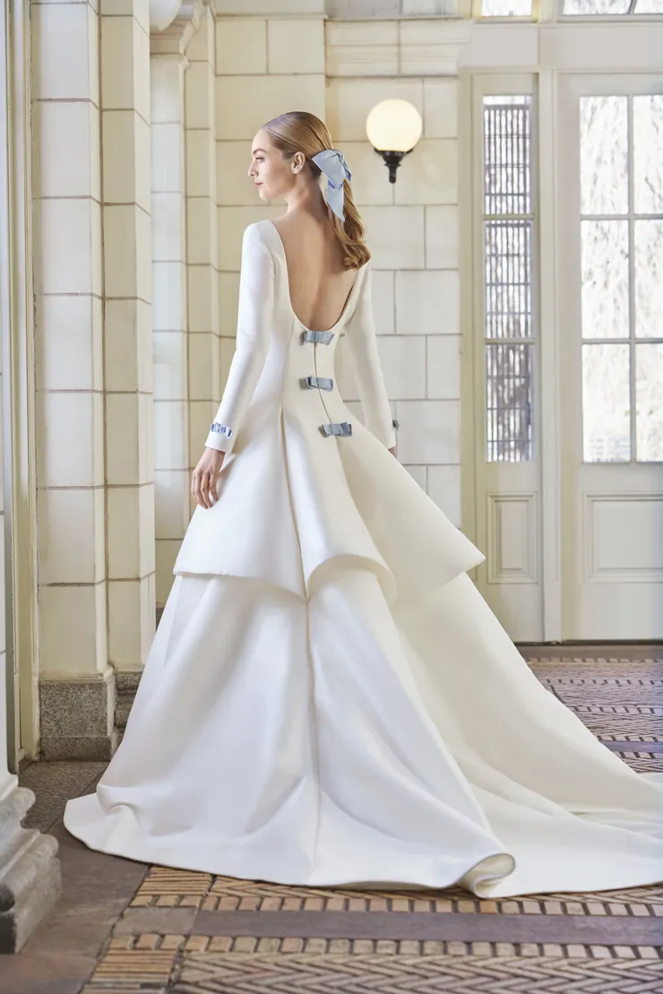 Modest And Sophisticated Modified A-Line Gown With Blue Bows by Sareh Nouri - Image 2