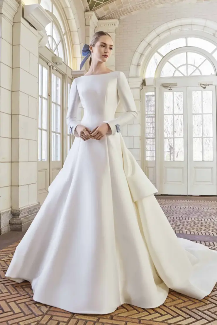 Modest And Sophisticated Modified A-Line Gown With Blue Bows by Sareh Nouri - Image 1