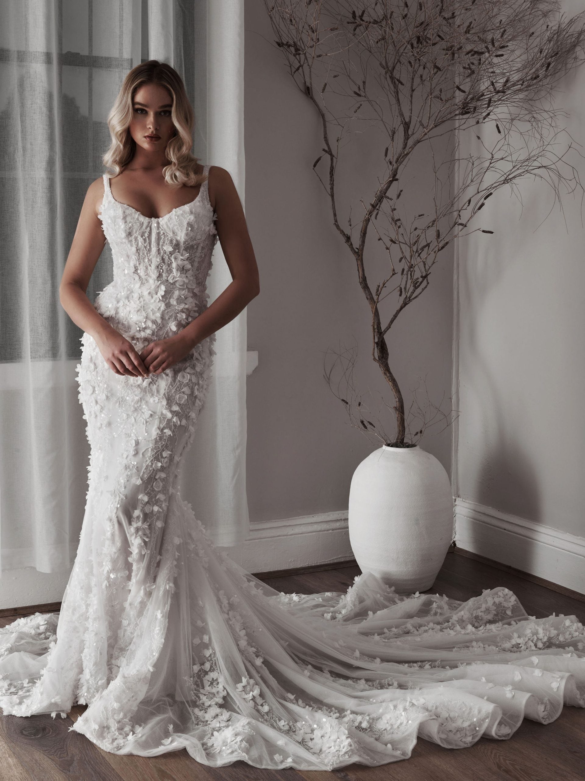 Beaded Floral Fit-and-Flare Gown With Overskirt by Blanche Bridal - Image 1