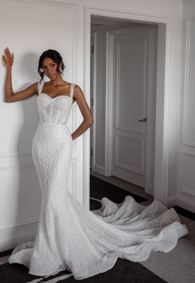 Modern Beaded Fit-and-Flare Gown by Blanche Bridal