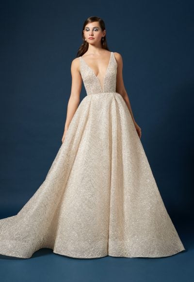 Nude And Metallic V-Neck Ball Gown by Lazaro