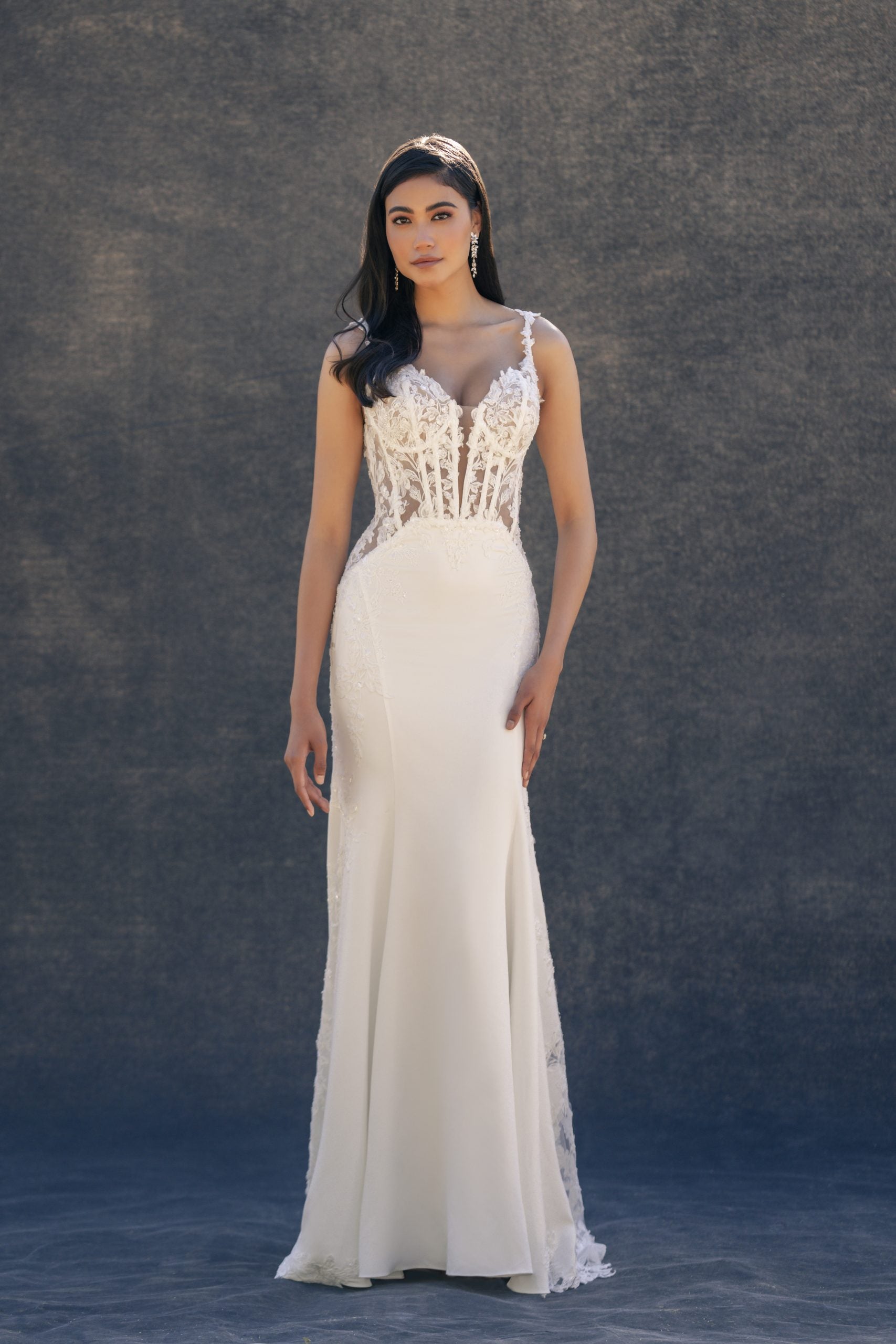 Lace And Crepe Sheath Gown With Open Back by Allure Bridals - Image 1