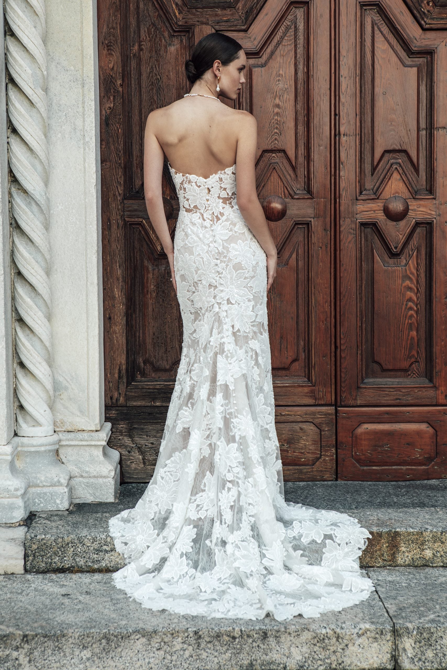 Strapless Beaded Lace Sheath Gown by Madison James - Image 2