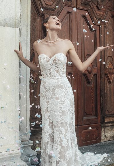 Strapless Beaded Lace Sheath Gown by Madison James