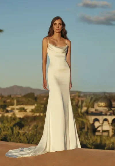 Chic And Simple Cowl-Neck Fit-and-Flare Gown With Beading by Pronovias