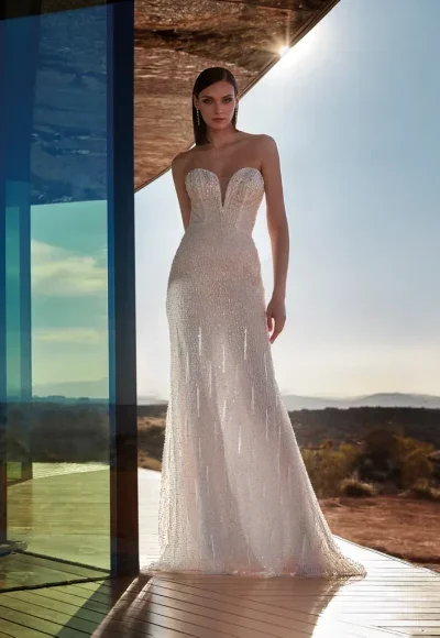 Shimmering Strapless Sheath Gown by Pronovias