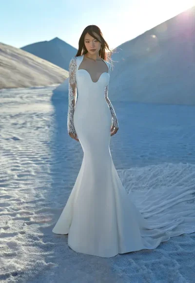 Illusion Long Sleeve Fit-and-Flare Gown by Pronovias