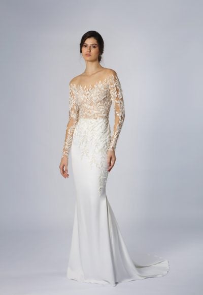 Illusion Long Sleeve Fit-And-Flare Gown by Tony Ward