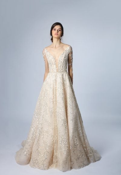 Illusion Long Sleeve A-Line Gown With Organic Embroidery by Tony Ward