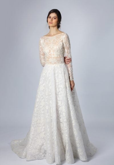 Embroidered Long Sleeve A-Line Gown by Tony Ward