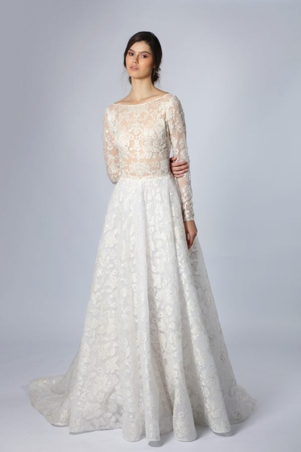 Embroidered Long Sleeve A-Line Gown | Kleinfeld Bridal