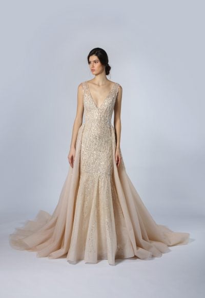 Embroidered V-Neck Fit-and-Flare Gown With Overskirt by Tony Ward