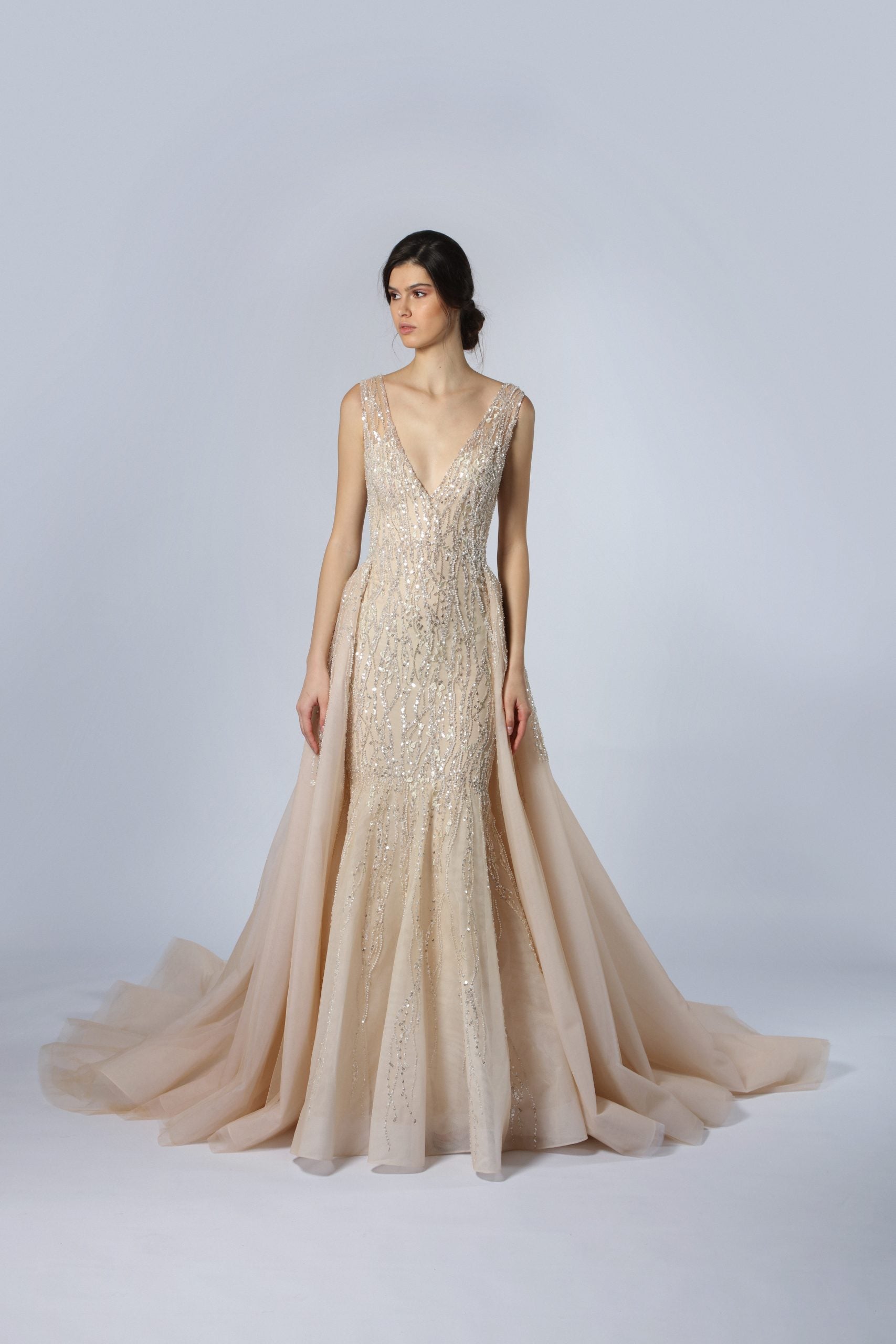 Embroidered V-Neck Fit-and-Flare Gown With Overskirt by Tony Ward - Image 1
