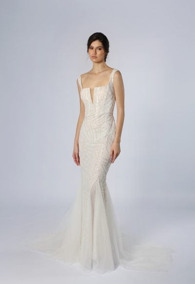 Silver Embroidered Fit-and-Flare Gown by Tony Ward