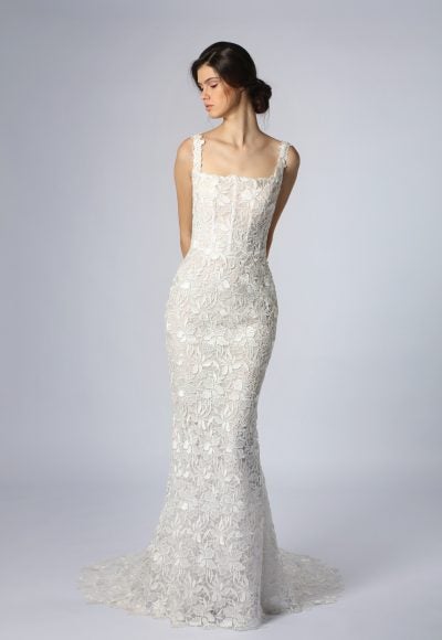 Square-Neck Lace Fit-and-Flare Gown by Tony Ward
