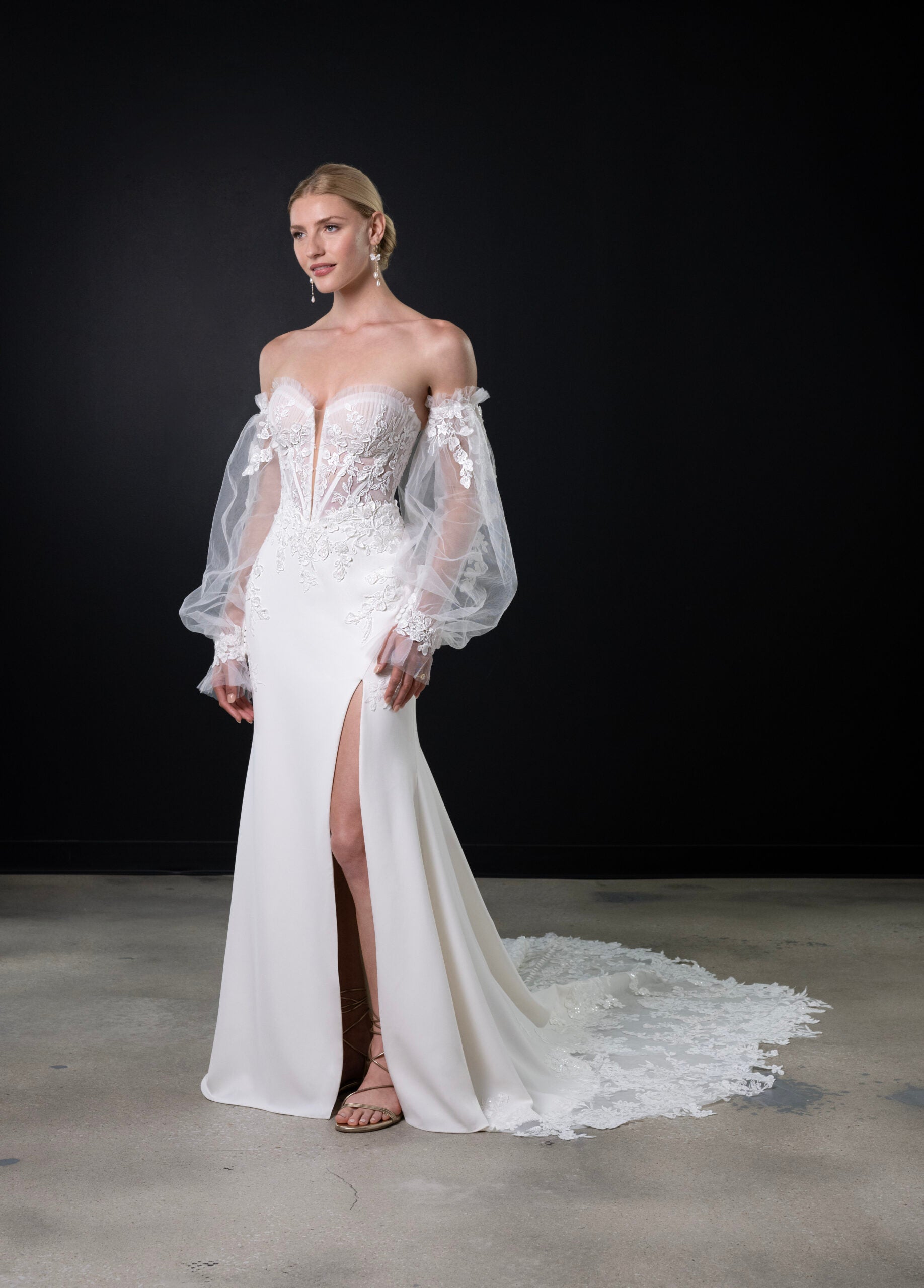 Lace And Crepe Sheath Gown With Detachable Puff Sleeves by Martina Liana - Image 1