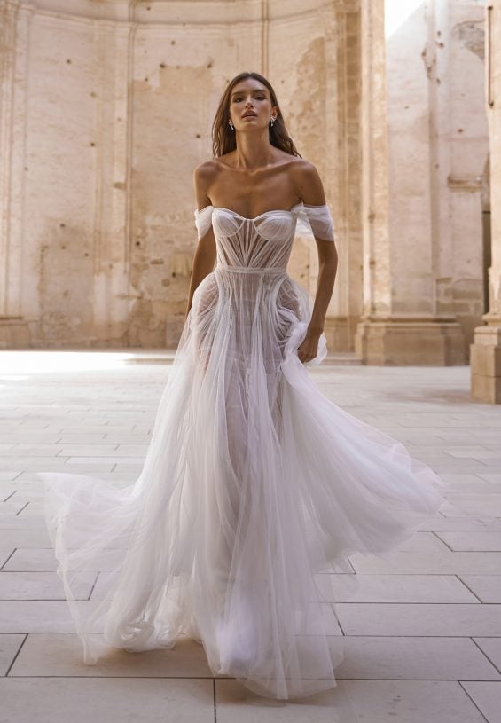 Ethereal Off-the-Shoulder Tulle A-Line Gown